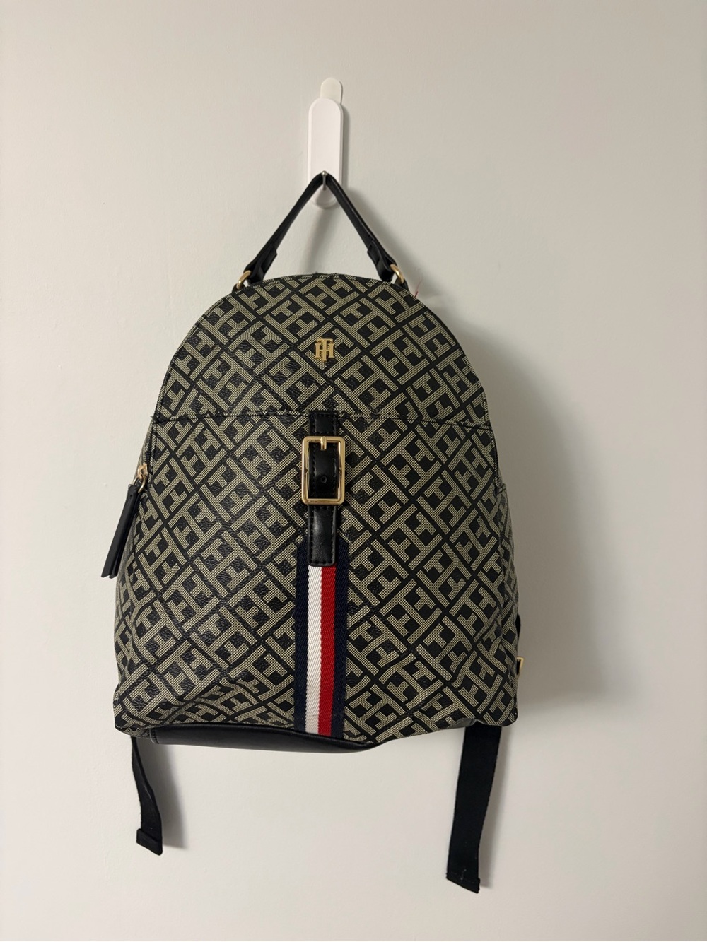 Tommy Hilfiger Black and Beige Monogram Backpack with Signature Stripe